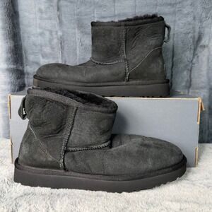 UGG Classic Ultra Mini Black Suede Shearling Boots 1016222 Womens 7